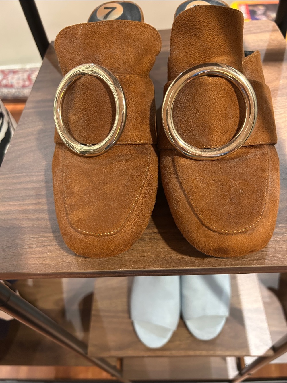 Qupid Tan Suede Slip-On Mules with Large Gold Ring